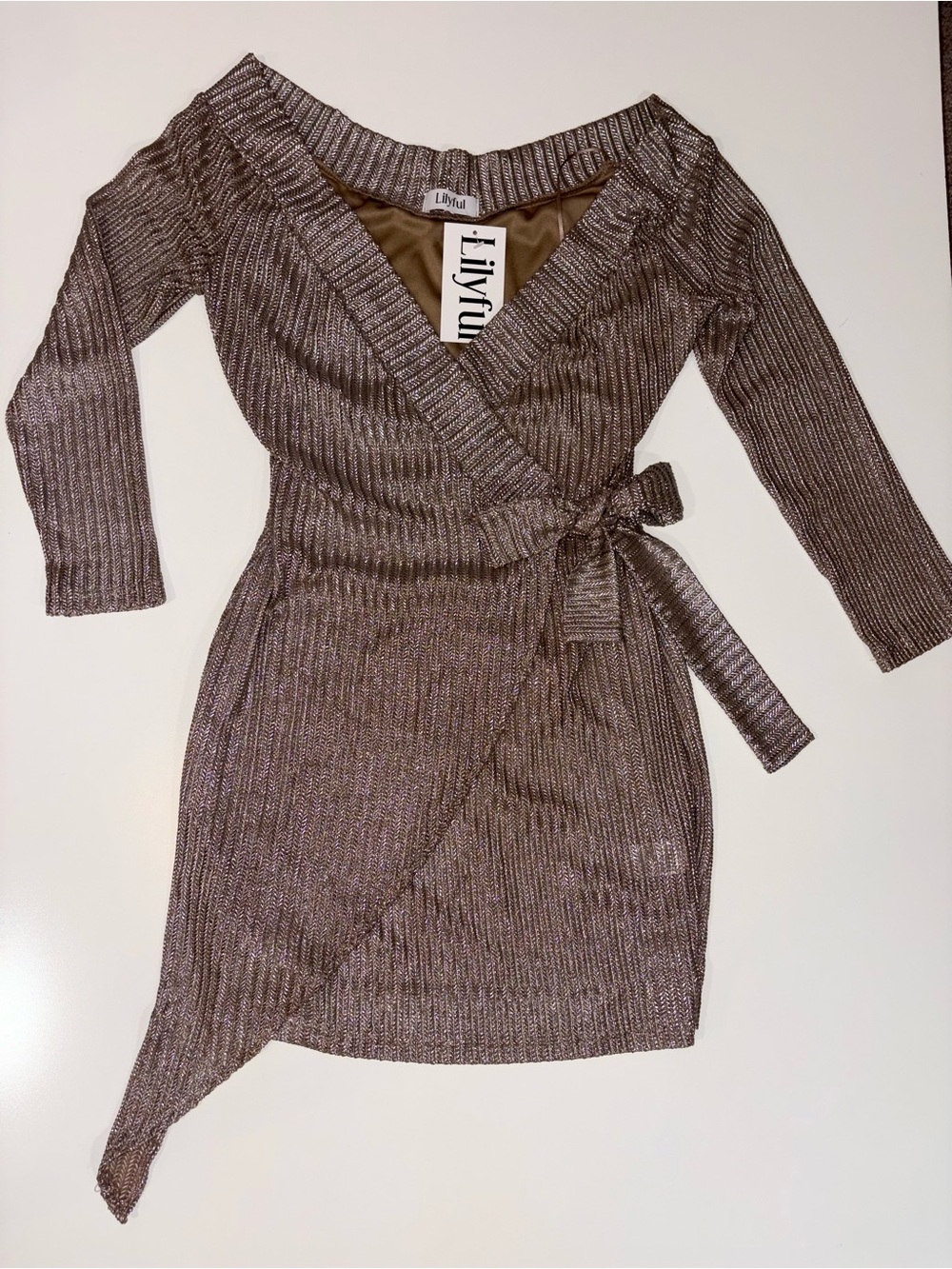 Lilyful Metallic Gold Taupe Wrap Mini Dress NWT